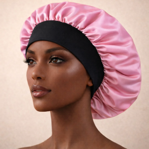 Satin hair bonnet (Light pink with black band)