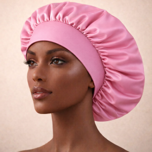 Satin hair bonnet (light pink with pink band)